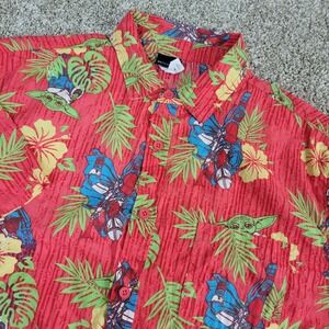 Star Wars Mens Large Red AOP Floral Yoda Hawaiian Button Up Short Sleeve